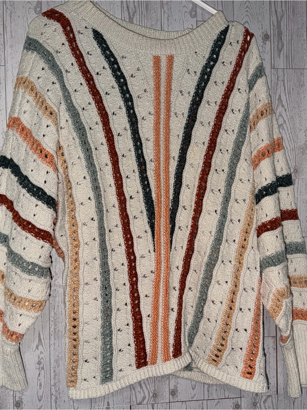 Maurices Cream Crewneck Sweater with Rust, Sage & Peach Stripes